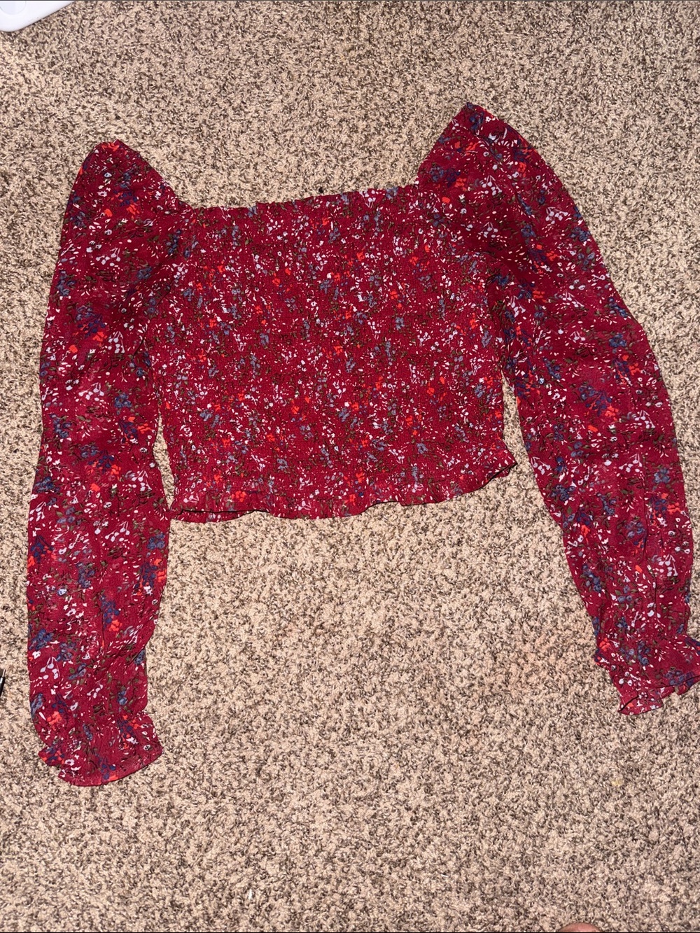 Red Floral Smocked Off-Shoulder Crop Top